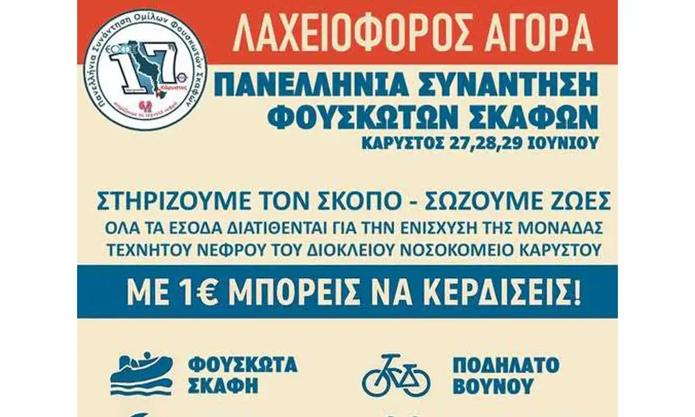 Κάρυστος: Λαχειοφόρος Αγορά στο πλαίσιο της 17ης Πανελλήνιας Συνάντησης Φουσκωτών Σκαφών για την ενίσχυση της Μονάδας Τεχνητού Νεφρού του Νοσοκομείου-Μεγάλα δώρα